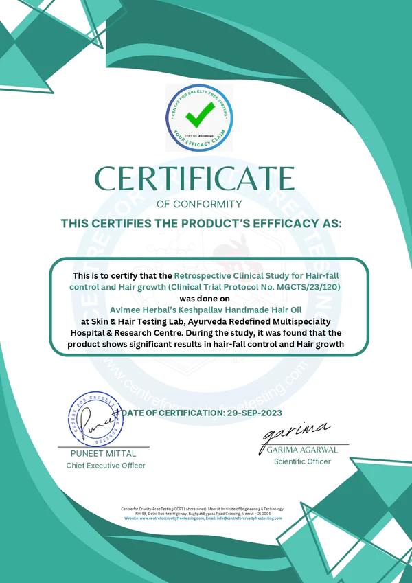 avimee herbal keshpallav hair oil : certificate of conformity